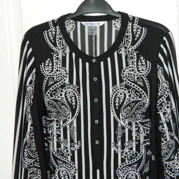 2 for/ $40 Nygard Half Button Up Black Paisley Striped Tunic Size Small - Picture 3 of 16